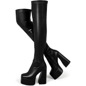 Women Black Synthetic Thigh High Boots Chunky Block Heels Over The Knee Boots